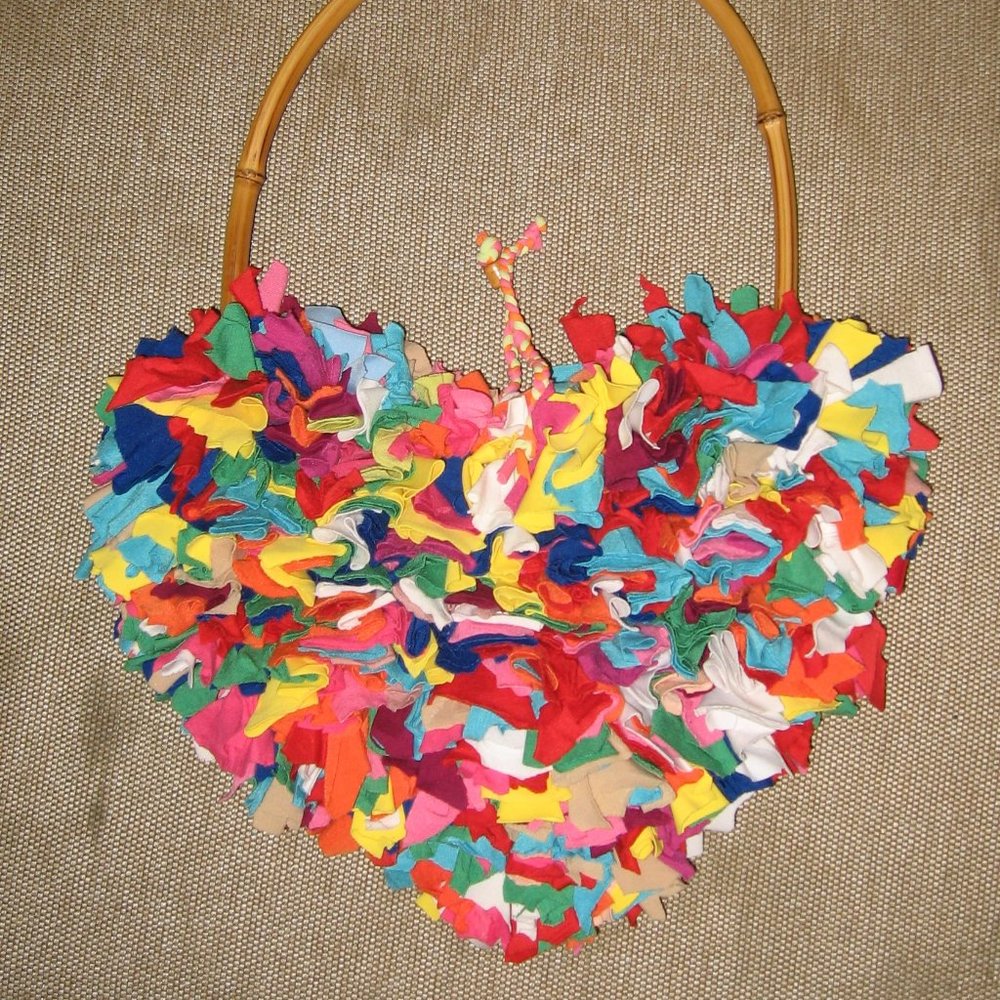 ❤️Handmade HEART Shaped Multi Color Fabric and Bamboo Handle Purse